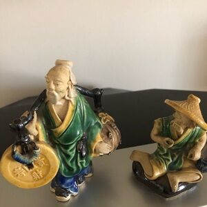 Hand-Painted Sherwin Ceramic Asian Figurine Set in Green and Yellow